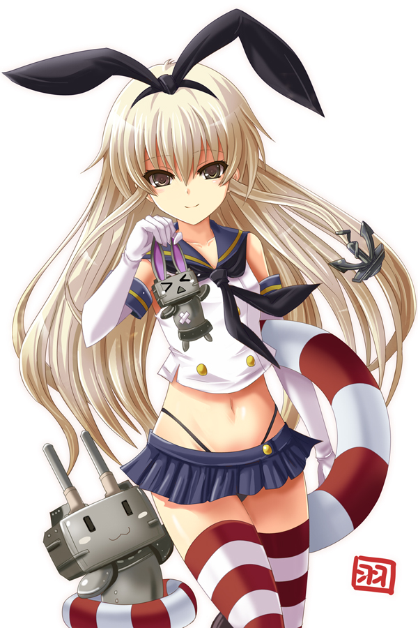 1girl blonde_hair brown_eyes hairband haura_akitoshi kantai_collection long_hair looking_at_viewer midriff navel personification shimakaze_(kantai_collection) simple_background smile solo striped striped_legwear thigh-highs white_background