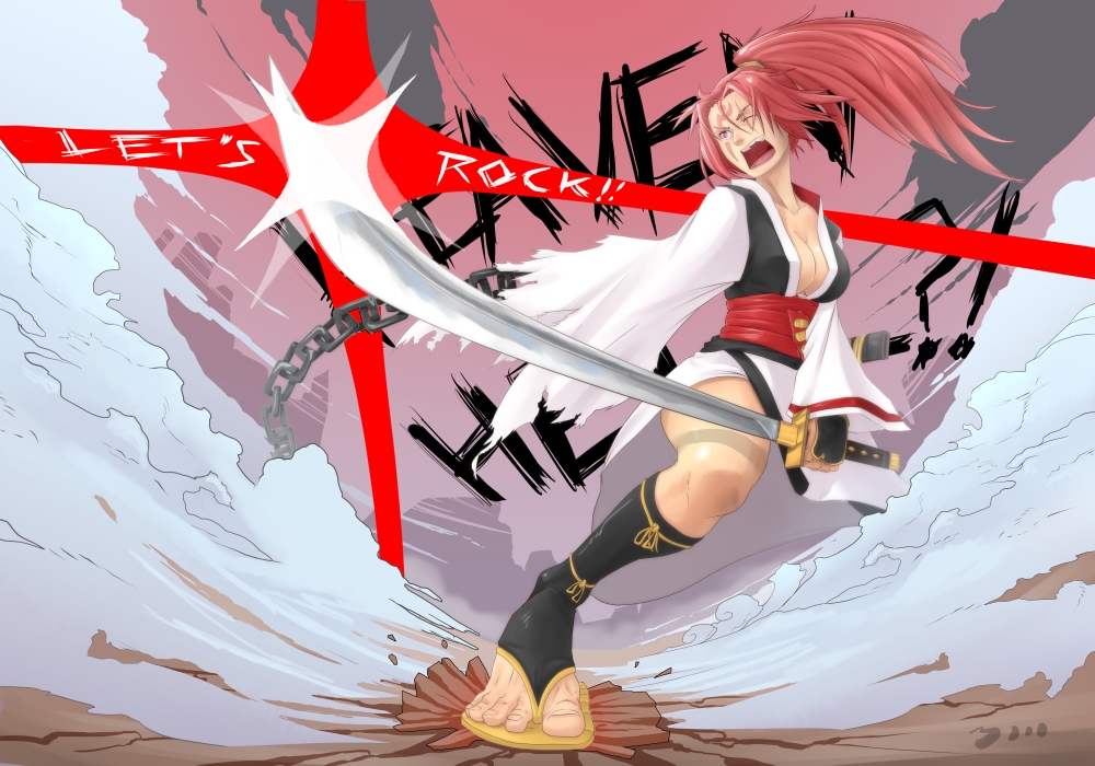 1girl amputee baiken breasts cleavage dust_cloud fighting_stance ground_shatter guilty_gear japanese_clothes katana kimono large_breasts long_hair obi one-eyed open_kimono open_mouth pink_eyes pink_hair ponytail sandals scabbard scar sheath solo sword toeless_socks weapon whistle_frog