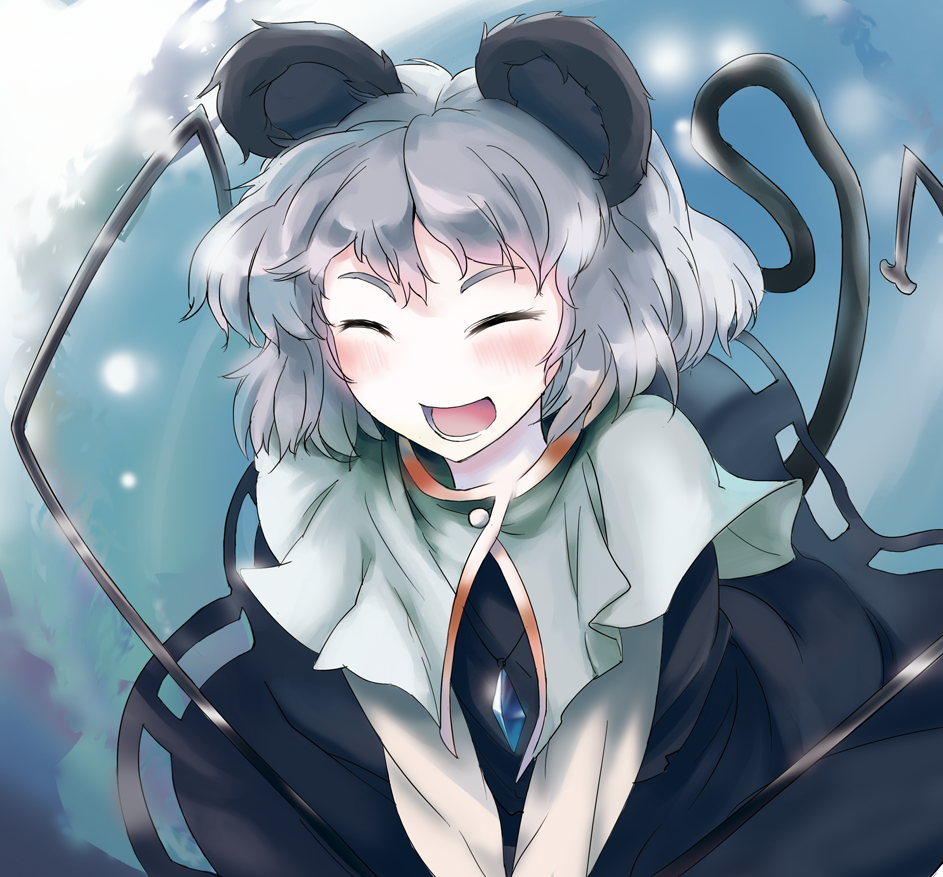 1girl animal_ears blush capelet closed_eyes dowsing_rod dress gem grey_dress grey_hair jewelry mouse_ears mouse_tail nazrin necklace open_mouth pendant sinzan smile solo tail touhou