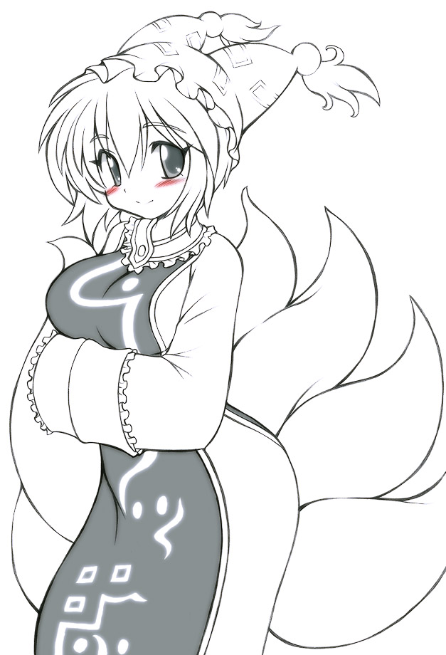 1girl blush breast_hold breasts fox_tail gomamiso_sti hands_in_sleeves hat looking_at_viewer monochrome multiple_tails short_hair simple_background smile solo spot_color tail touhou white_background yakumo_ran