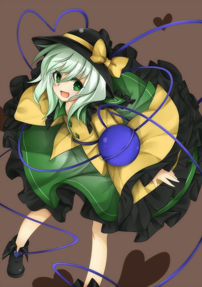 1girl ankle_boots aqua_hair blouse brown_background eyelashes green_eyes hat hat_ribbon heart heart_of_string komeiji_koishi leaning_forward looking_at_viewer mymei no_socks open_mouth ribbon short_hair skirt solo third_eye touhou