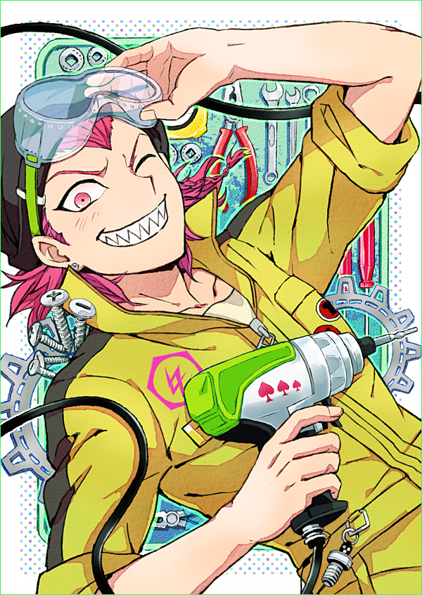 1boy beanie border braid dangan_ronpa drill earrings fingernails gears goggles goggles_on_head grin had hat holding jewelry looking_at_viewer male mechanic nut_(hardware) outline pink_eyes pink_hair r_(corolla) screw screwdriver sharp_teeth sleeves_rolled_up smile solo souda_kazuichi spade super_dangan_ronpa_2 wink wrench