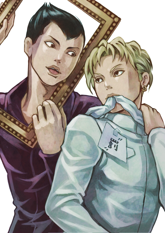 2boys black_hair blonde_hair chonorin gelato jojo_no_kimyou_na_bouken multiple_boys picture_frame sorbet