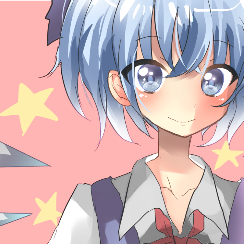 1girl blue_eyes blue_hair bow cirno hair_bow ice ice_wings invoke@daichan! short_hair smile solo star touhou wings