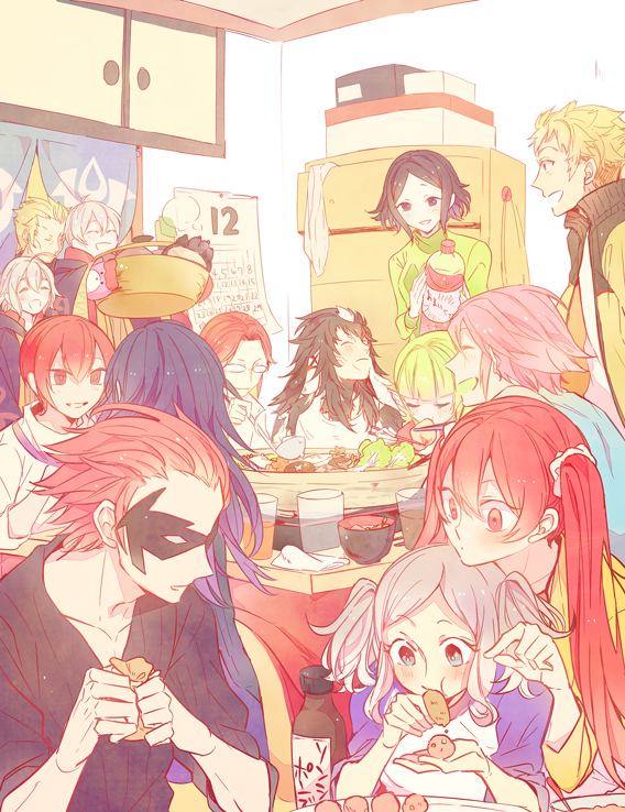 6+boys 6+girls ^_^ a082 ahoge alternate_costume animal_ears arm_up azur_(fire_emblem) bangs bear_print black_eyes black_hair blonde_hair blue_eyes blue_hair blunt_bangs blush bottle bowl bredy_(fire_emblem) brown_hair bunny_boy cabinet calender chambray chest chopsticks closed_eyes contemporary cup cynthia_(fire_emblem) degel dual_persona eating eudes_(fire_emblem) fire_emblem fire_emblem:_kakusei food from_behind fur glasses gloves green_hair hair_between_eyes hair_intakes happy head_on_head height_difference holding hooded_jacket inside jacket jerome_(fire_emblem) kotatsu ladle laurent long_hair long_sleeves lucina mark_(fire_emblem) mask multicolored_hair multiple_boys multiple_girls nintendo nn_(fire_emblem) noire_(fire_emblem) open_mouth parted_bangs pink_hair pointy_ears red_eyes redhead selena_(fire_emblem:_kakusei) short_hair short_twintails sitting sleeveless sleeveless_shirt sleeves_rolled_up smile soup sweater swept_bangs table takoyaki twintails two-tone_hair white_hair wide_sleeves
