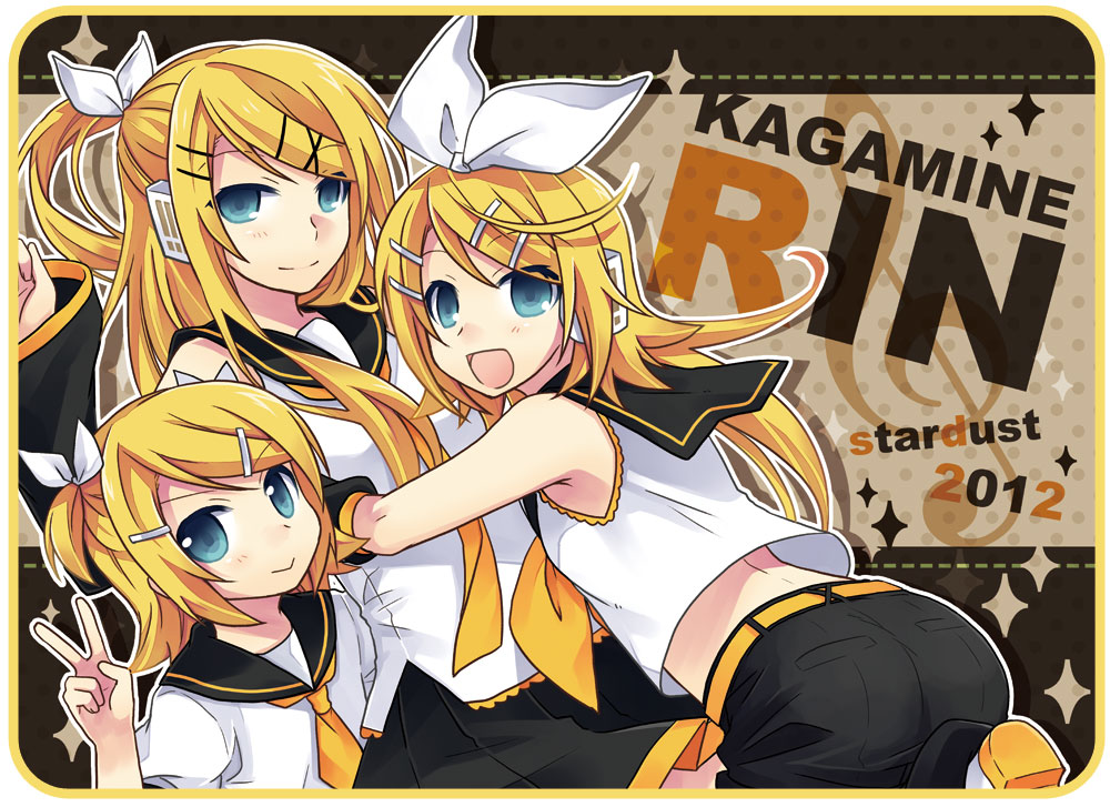 2012 3girls adult blonde_hair blue_eyes blush character_name clone kagamine_rin long_hair looking_at_viewer multiple_girls open_mouth short_hair smile tamura_hiro v vocaloid young