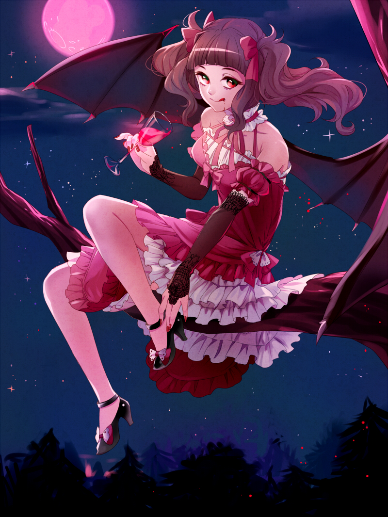 1girl alcohol bat_wings branch brown_hair detached_sleeves dress dripping fang fangs glass long_hair looking_at_viewer moon original red_eyes red_moon sitting smile solo tongue tongue_out tree twintails vampire wine wings yuura