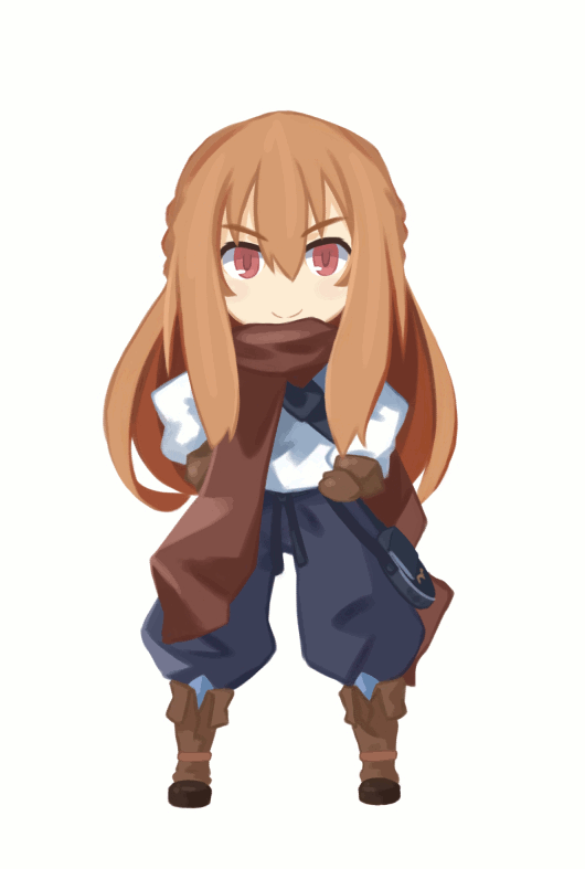 1girl animated animated_gif bag baggy_pants blinking boots brown_hair chibi gloves hands_on_hips knee_boots long_hair original red_eyes sai_(bankoru) satchel scarf smile solo