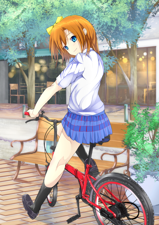 bench bicycle blue_eyes blush bow chair hair_bow koucha_maru kousaka_honoka looking_back love_live!_school_idol_project orange_hair school_uniform short_hair side_ponytail skirt smile storefront tree