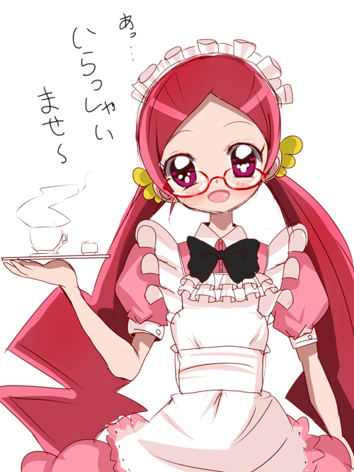 1girl alternate_costume apron cup dress enmaided female glasses hanasaki_tsubomi haru_(nature_life) heartcatch_precure! long_hair maid open_mouth pink_dress pink_eyes pink_hair precure ribbon smile solo teacup teapot tray twintails