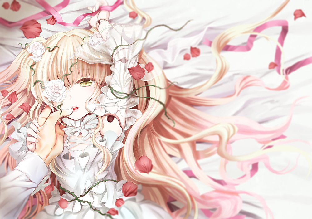 1girl ai_(creamcaramel) arm_over_head armpits blonde_hair doll_joints dress eyepatch flower frills gothic_lolita hand_on_another's_face kirakishou lolita_fashion long_hair lying open_mouth rose rozen_maiden solo_focus teeth vines wide_sleeves yellow_eyes