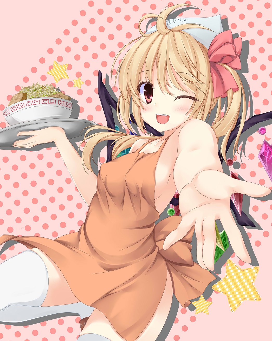1girl ;d apron blonde_hair blush bowl flandre_scarlet food highres long_hair naked_apron noodles open_mouth outstretched_arm red_eyes side_ponytail smile solo star thigh-highs touhou tries white_legwear wings wink