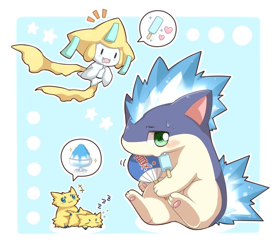 2027_(submarine2027) blue_fire blush circle fan fire heart jirachi joltik no_humans pokemon pokemon_(creature) popsicle quilava shaved_ice sleeping speech_bubble star zzz