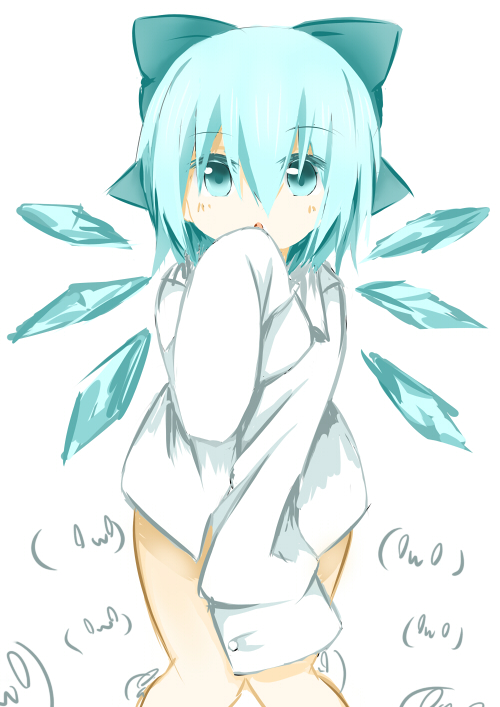 1girl :o blue_eyes blue_hair blush bow cirno dress_shirt hair_bow ice ice_wings katori_(quietude) long_sleeves looking_at_viewer naked_shirt oversized_clothes shirt short_hair sleeves_past_wrists solo touhou white_background wings