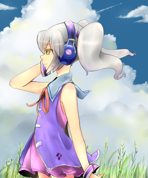 1girl bare_shoulders clouds disc_(needless) drawfag dress grass headphones long_hair needless ribbon silver_hair sky solo twintails yellow_eyes