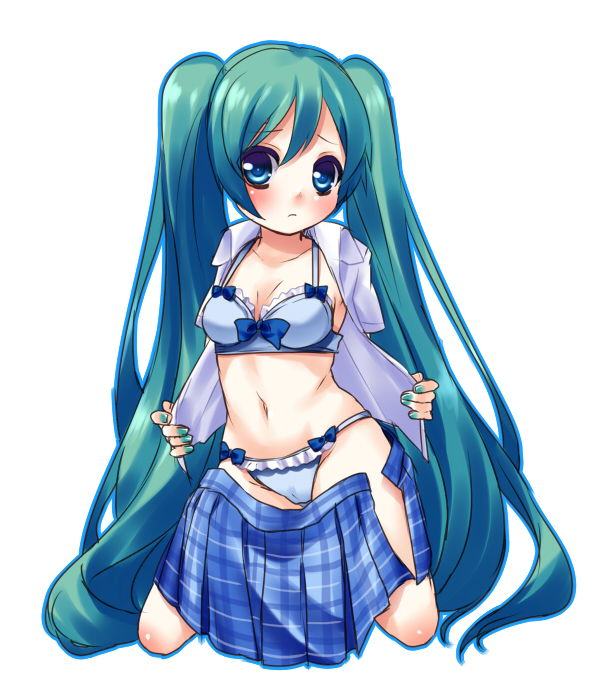 1girl blue_bra blue_eyes blue_panties bra green_hair hatsune_miku hikataso long_hair looking_at_viewer navel open_clothes open_shirt panties simple_background skirt solo twintails underwear very_long_hair vocaloid white_background