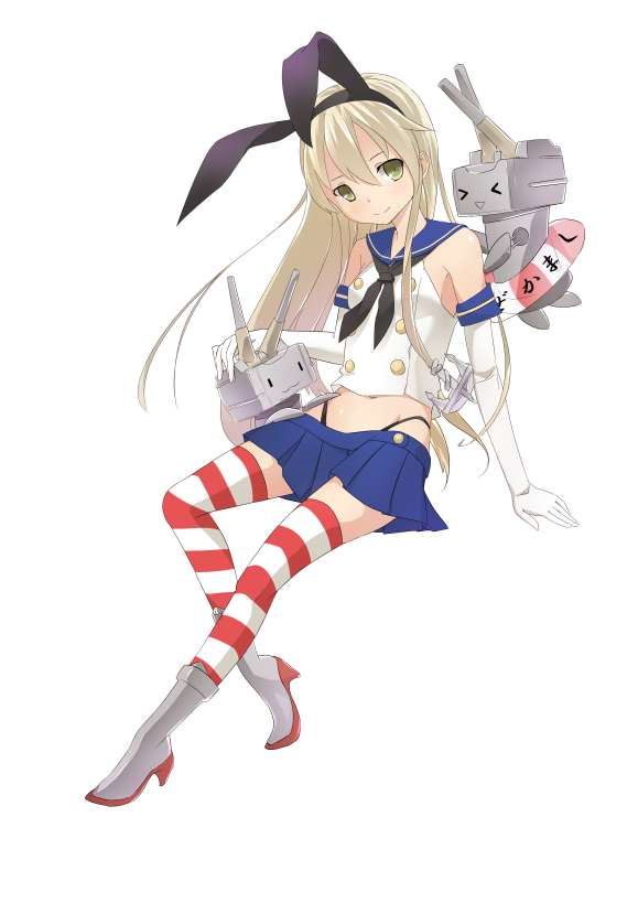 &gt;_&lt; 1girl animal_ears bare_shoulders black_panties blonde_hair elbow_gloves fake_animal_ears gloves high_heels innertube kantai_collection long_hair looking_at_viewer midriff navel neckerchief panties persona pleated_skirt rabbit_ears sakurea school_uniform serafuku shimakaze_(kantai_collection) shirt shoes simple_background sitting skirt sleeveless sleeveless_shirt smile solo striped striped_legwear thigh-highs underwear very_long_hair white_background white_gloves yellow_eyes