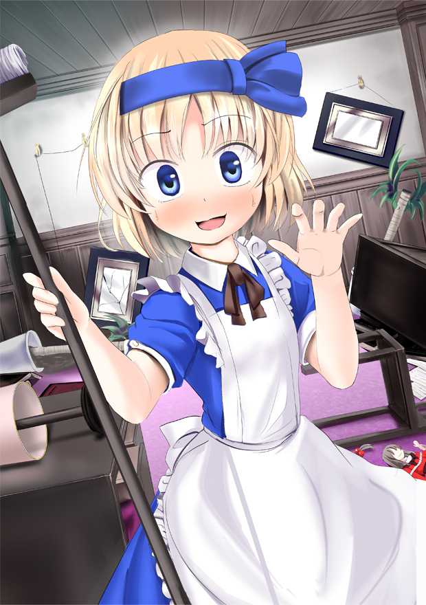 1girl a_(aaaaaaaaaaw) alice_margatroid alice_margatroid_(pc-98) alternate_costume apron blonde_hair blue_eyes blush broken_glass broom character_doll enmaided glass hairband looking_at_viewer maid maid_headdress messy_room plant portrait_(object) potted_plant shinki short_hair smile solo touhou
