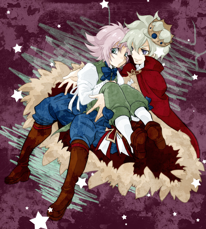 2boys bakugan bakugan_new_vestroia blonde_hair boots cape caqui crown hydron_(bakugan) lync_volan multiple_boys necktie on_lap pink_hair puffy_pants puffy_sleeves ribbon short_hair star