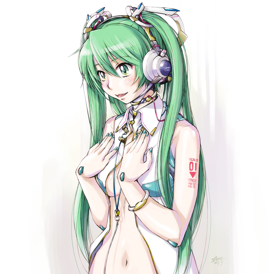 1girl alternate_costume bracelet breasts cable green_eyes green_hair hands_on_own_chest hatsune_miku headgear headphones jewelry light_smile long_hair miku_append navel neck_ring no_bra open_clothes open_shirt same sleeveless sleeveless_shirt solo twintails vocaloid vocaloid_append white_background
