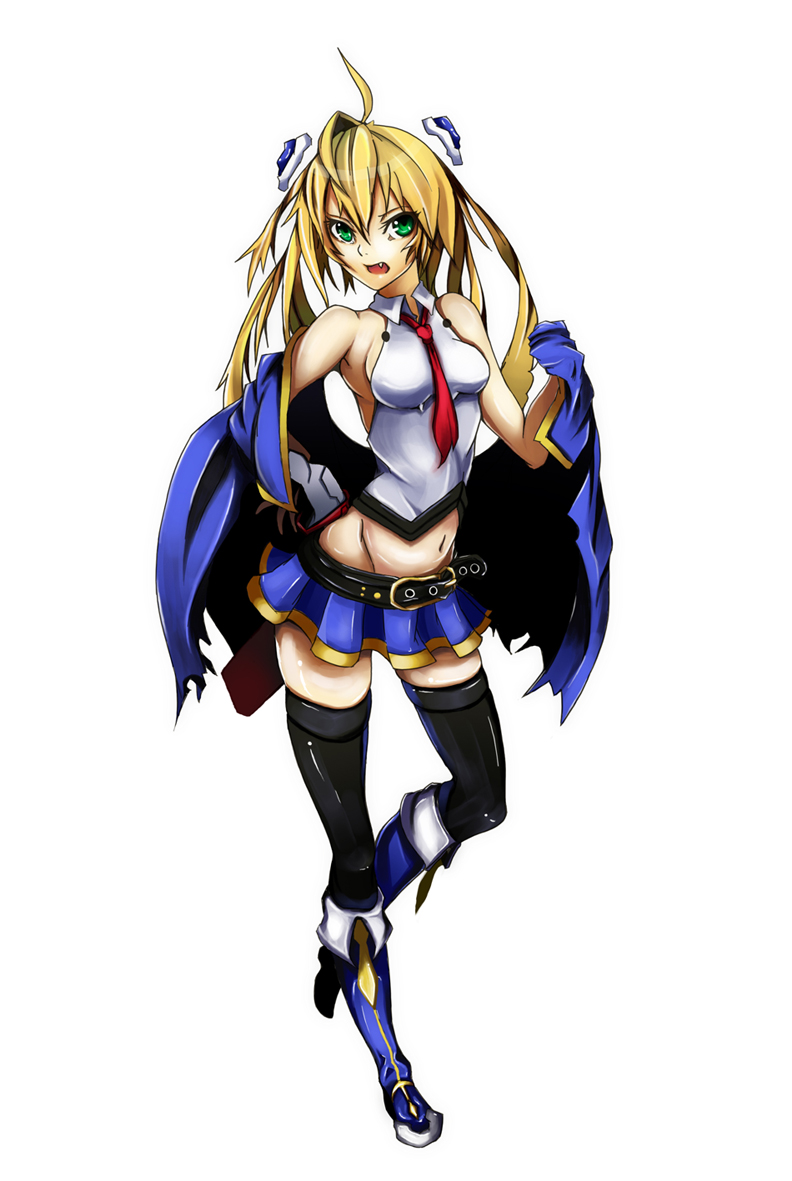 1girl ahoge bare_shoulders belt black_legwear blazblue blazblue:_chrono_phantasma blonde_hair boots breasts cape fang green_eyes hair_ornament impossible_clothes knee_boots long_hair midriff miniskirt navel necktie noel_vermillion off_shoulder open_mouth pleated_skirt skirt solo taut_clothes tetsubo thigh-highs zettai_ryouiki