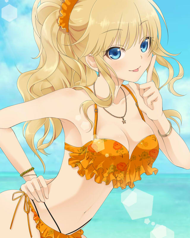 1girl blonde_hair blue_eyes blush bracelet breasts cleavage clouds collarbone idolmaster idolmaster_cinderella_girls jewelry long_hair navel necklace ootsuki_yui sky solo star swimsuit tayu_(yuntayu) tongue water