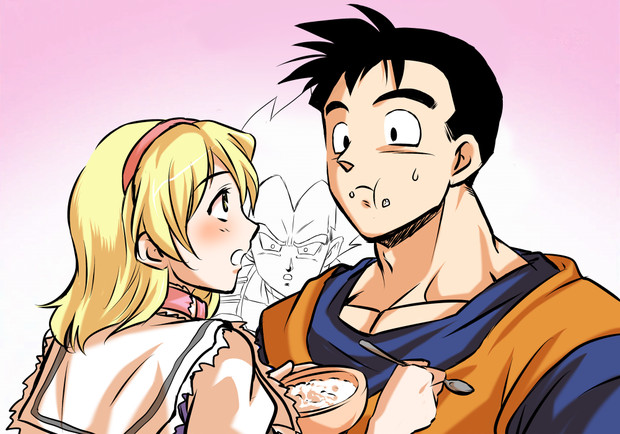 1girl 2boys alice_margatroid black_hair blonde_hair blue_eyes blue_shirt blush bowl cape dragon_ball dragon_ball_z ears eating eyes food hairband head kamishima_kanon mouth multiple_boys muscle neck nose rice short_hair skin son_gohan spiky_hair spoon touhou vegeta