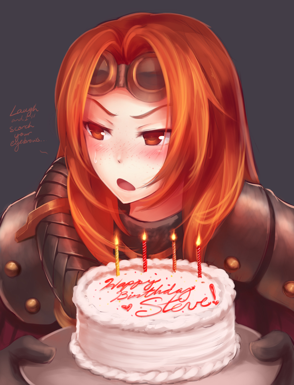 1girl bangs birthday_cake blush chandra_nalaar english freckles goggles goggles_on_head happy_birthday highres kerasu long_hair looking_away magic:_the_gathering parted_bangs red_eyes redhead simple_background solo sweatdrop tsundere