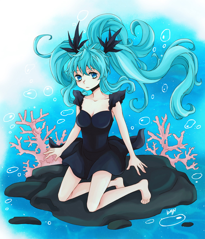 1girl aqua_hair biya blue_eyes bubble coral dress floating_hair hatsune_miku kneeling long_hair shinkai_shoujo_(vocaloid) solo twintails underwater vocaloid