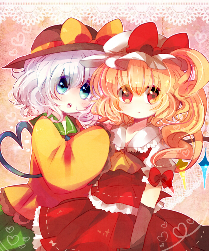 2girls ascot blonde_hair blouse blue_eyes border bow elbow_gloves flandre_scarlet gloves gradient gradient_background hand_on_another's_shoulder hat hat_ribbon head_to_head heart heart_of_string kirara310 komeiji_koishi lace looking_at_viewer mob_cap multiple_girls open_mouth parted_lips puffy_short_sleeves puffy_sleeves red_eyes ribbon short_hair short_sleeves side_ponytail skirt skirt_set sleeves_past_wrists touhou white_hair wings