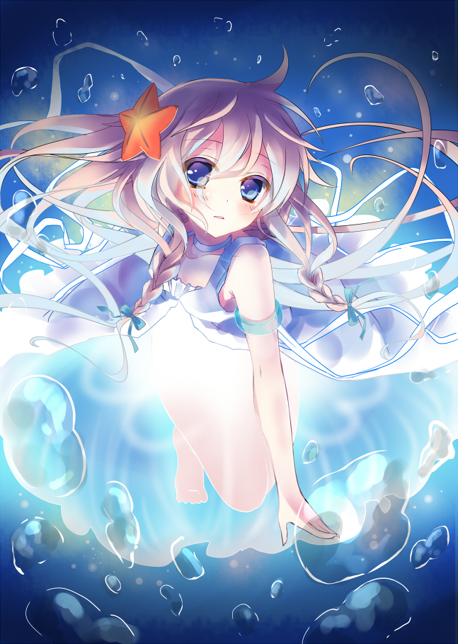 1girl amamine armband bare_shoulders blonde_hair blue_eyes braid choker dress ia_(vocaloid) long_hair looking_at_viewer solo starfish twin_braids vocaloid water