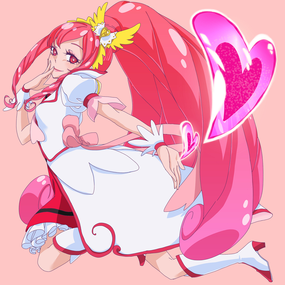 1girl 8041mm boots bow brooch choker cure_ace dokidoki!_precure dress flower hair_bow heart high_heels jewelry knee_boots lipstick long_hair looking_at_viewer madoka_aguri magical_girl makeup pink_background precure puffy_sleeves red_dress red_eyes redhead ribbon rose shoes simple_background skirt smile solo wrist_cuffs