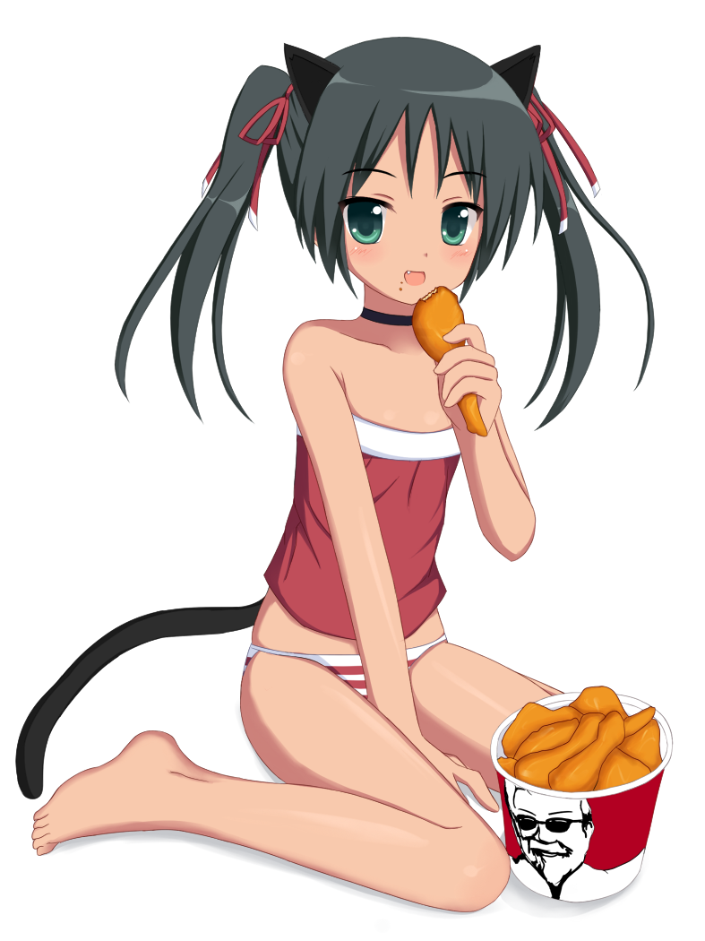 1girl aqua_eyes bare_shoulders barefoot black_hair borubomu bucket collarbone eating flat_chest francesca_lucchini fried_chicken kfc open_mouth panties sitting solo strike_witches striped striped_panties sunglasses toes twintails underwear wariza white_background