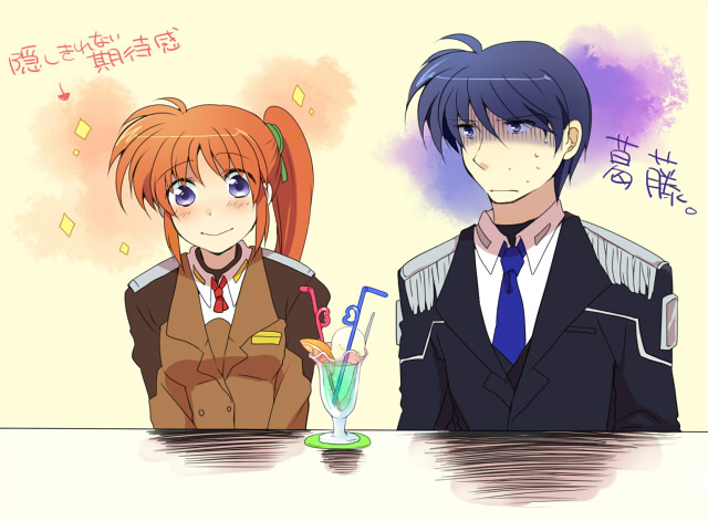 1boy 1girl blue_eyes blue_hair blush brown_hair chrono_harlaown drink ice_cream_float jacket long_hair lyrical_nanoha mahou_shoujo_lyrical_nanoha_strikers military military_uniform necktie ribbon short_hair side_ponytail sitting smile star straw sweatdrop takamachi_nanoha takana uniform