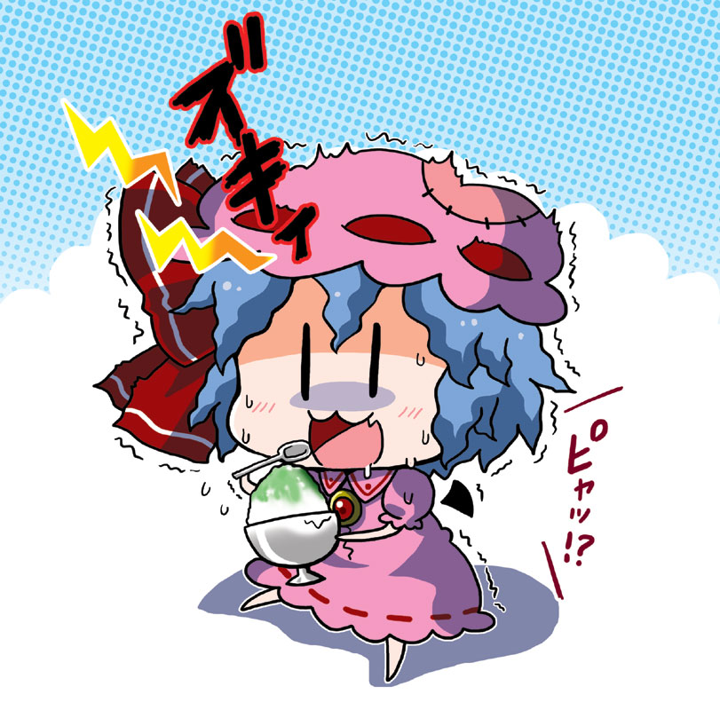 1girl :3 :d bat_wings blue_hair blush bow bowl brain_freeze chibi detached_wings dress drooling food hat hat_bow mini_wings noai_nioshi open_mouth remilia_scarlet ribbon shaved_ice smile solo spoon sweat touhou translated turn_pale wings |_|