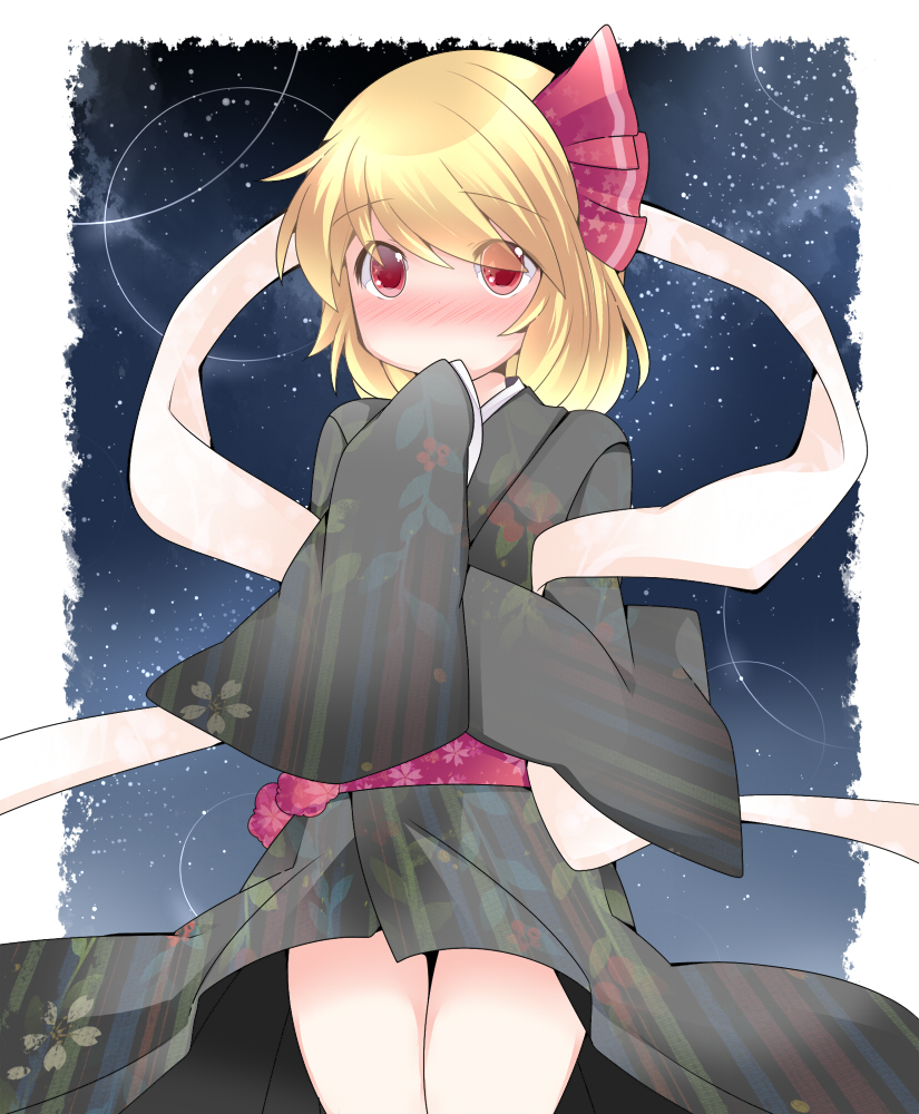 1girl blonde_hair blush commentary_request eyes_visible_through_hair floral_print hair_ribbon hammer_(sunset_beach) japanese_clothes kimono night nose_blush obi orihime red_eyes ribbon rumia shawl short_hair sky solo standing star_(sky) star_print starry_sky touhou