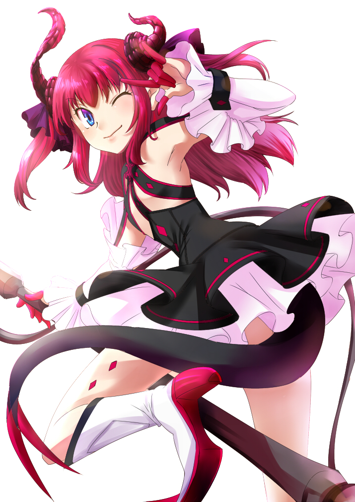1girl \m/ blue_eyes claws detached_sleeves dress fate/extra_ccc fate_(series) high_heels horns lancer_(fate/extra_ccc) long_hair pink_hair pointy_ears pointy_shoes polearm shoes solo spear tail two_side_up velvelumpileuspil weapon wink