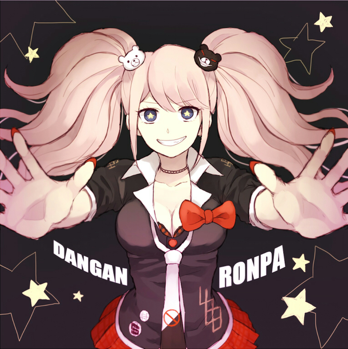 1girl blue_eyes bow breasts cleavage dangan_ronpa enoshima_junko grin hair_ornament long_hair makura_(sheepstar49) nail_polish necktie outstretched_arms pink_hair skirt smile solo spoilers star star-shaped_pupils symbol-shaped_pupils twintails