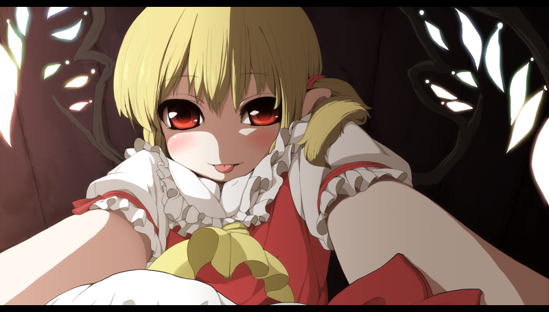 0000_(byoubyou) 1girl :p blonde_hair flandre_scarlet red_eyes side_ponytail solo straddle tongue touhou wings