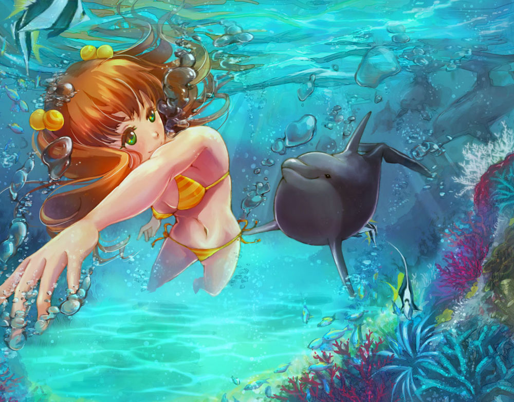 1girl bikini brown_hair coral dolphin gobaku_no_hito green_eyes original swimming swimsuit twintails underwater