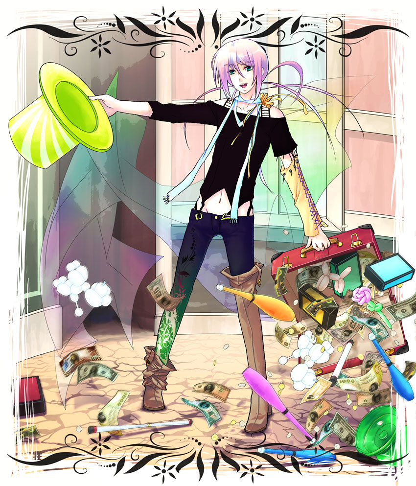 1boy akaboshi_imoko balloon_animal boots detached_sleeve dollar_bill green_eyes hat juggling_club long_hair midriff money navel open_mouth party_castle pink_hair scarf solo suitcase top_hat