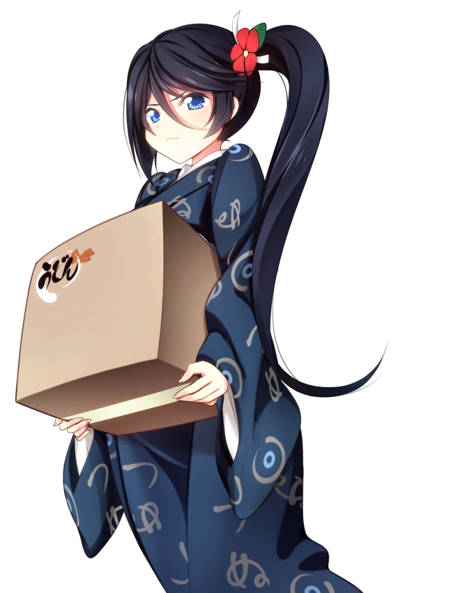 1girl black_hair blue_eyes box carrying hataraku_maou-sama! japanese_clothes kamazuki_suzuno kimono long_hair p_book side_ponytail simple_background solo white_background