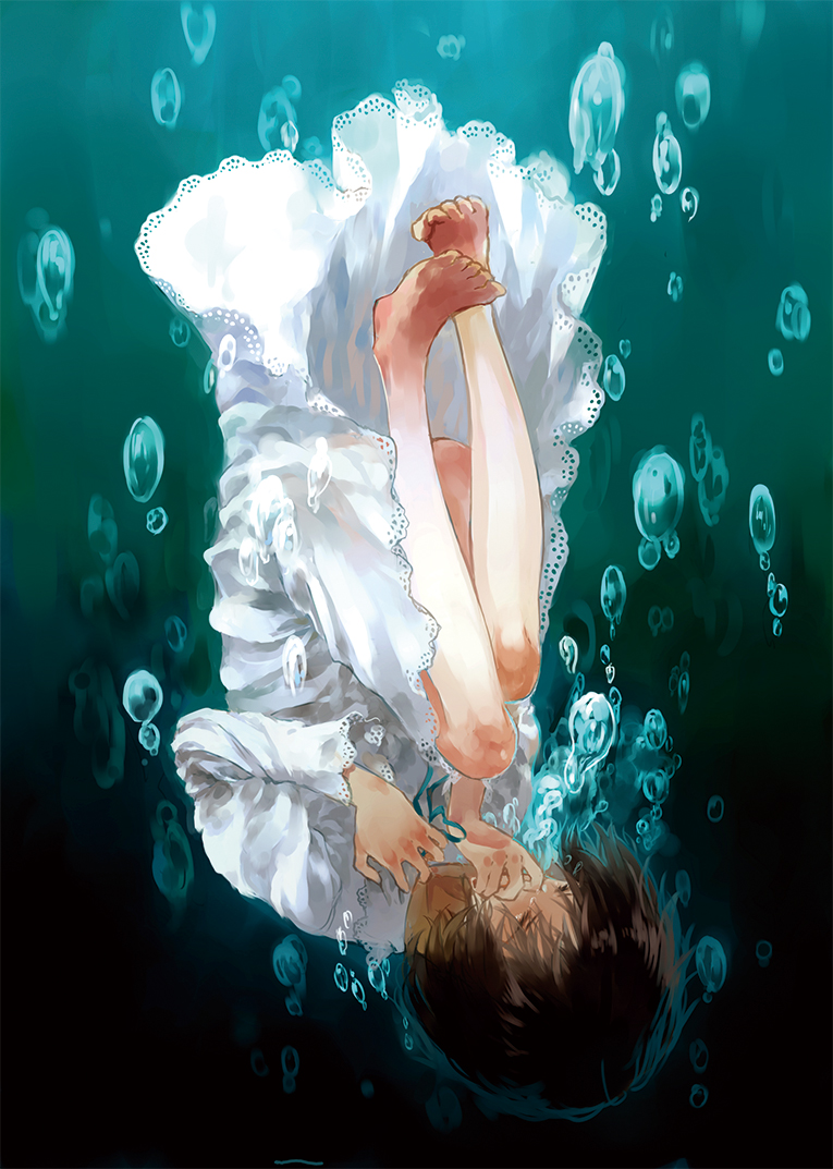 1girl barefoot brown_hair bubble covering_mouth dress moekon original sad short_hair solo tears underwater white_dress