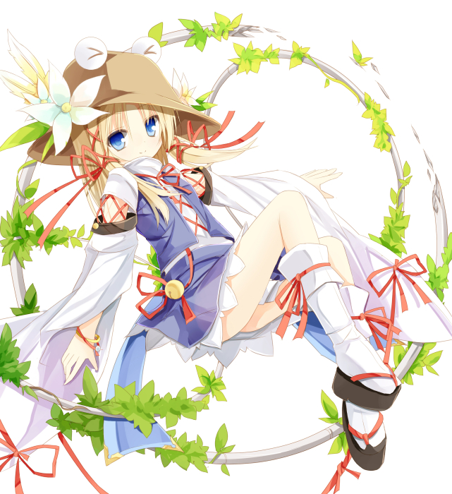 &gt;_&lt; 1girl blonde_hair blue_eyes flower hat leaf moriya_suwako ribbon short_hair skirt smile solo touhou yuuhagi_(amaretto-no-natsu)