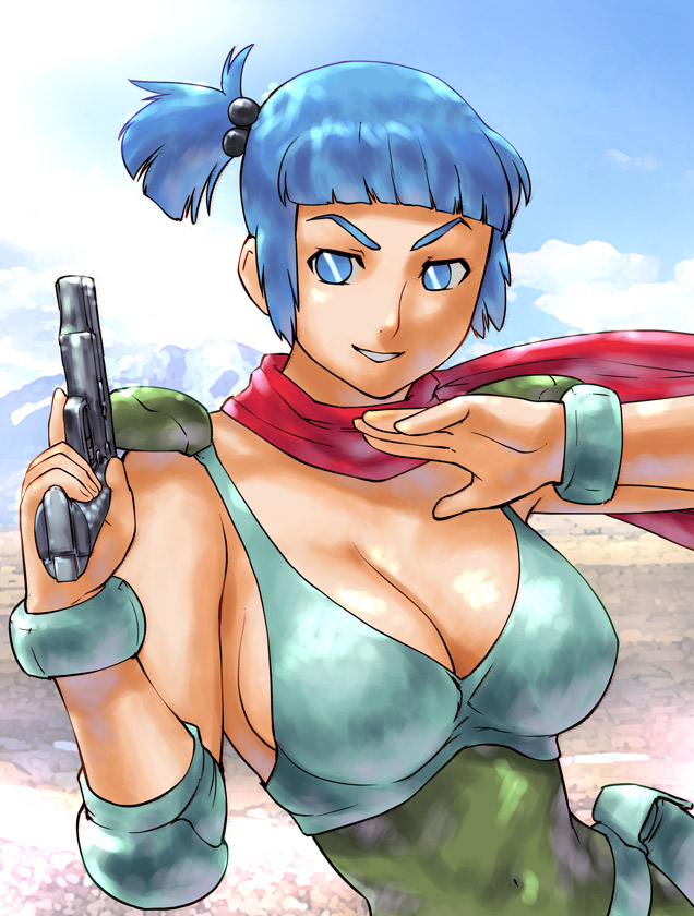 1girl blue_eyes blue_hair bracer breasts cleavage desert gun hair_bobbles hair_ornament handgun large_breasts pistol rag_uralo scarf sentou_mecha_xabungle short_hair shoulder_pads smirk solo ueyama_michirou weapon