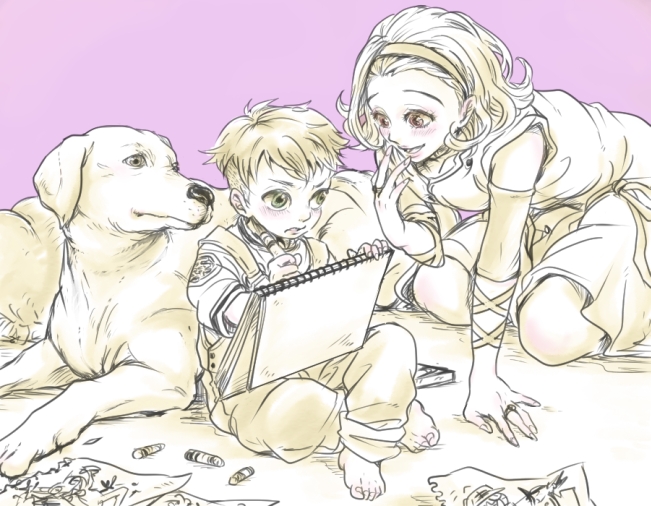 1boy 1girl arnold_(jojo) dog drawing dress hairband jojo_no_kimyou_na_bouken kishibe_rohan mitsuru_(91000) sugimoto_reimi young