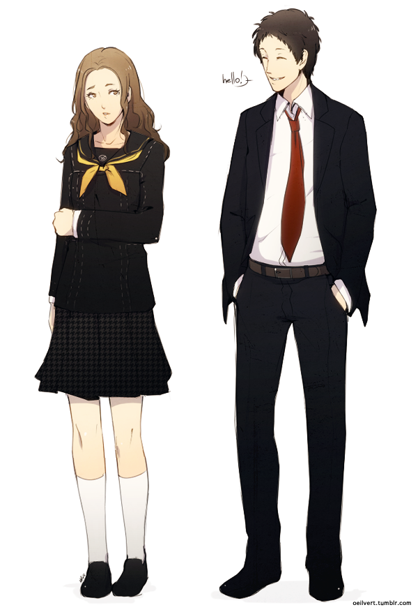 1boy 1girl adachi_tooru age_difference belt blazer brown_hair closed_eyes formal grin hand_on_own_arm hands_in_pockets houndstooth konishi_saki mushisotisis necktie no_shoes persona persona_4 pleated_skirt school_uniform serafuku skirt smile socks suit white_legwear