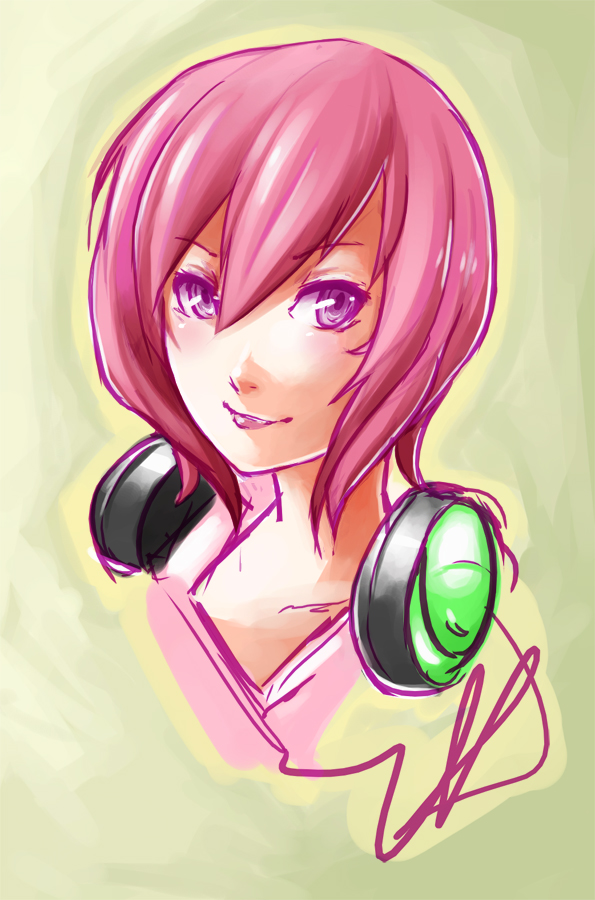 1girl beatmania beatmania_iidx eu03 face headphones headphones_around_neck lips nyah pink_eyes pink_hair smile solo