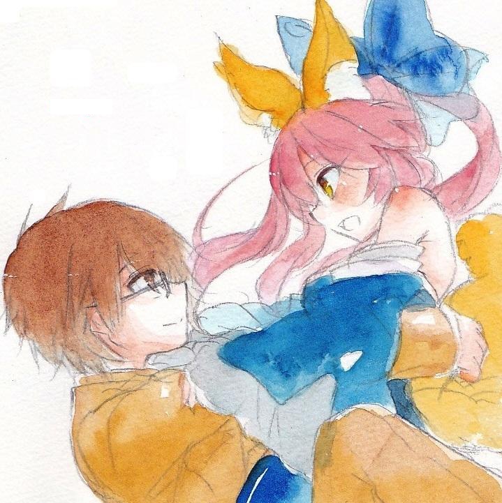 1boy 1girl animal_ears bare_shoulders bow brown caster_(fate/extra) detached_sleeves fate/extra fate_(series) fina_(sa47rin5) fox_ears fox_tail glasses hair_bow hair_ribbon hug japanese_clothes open_mouth pink_hair ribbon smile tail traditional_media twintails watercolor_(medium) yellow_eyes