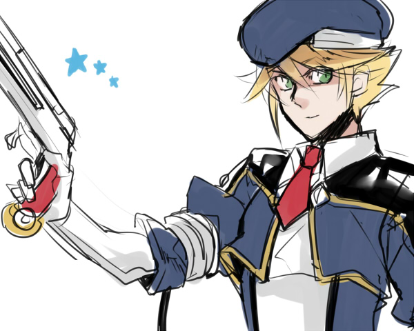 1boy beret blazblue blonde_hair bolverk elbow_gloves genderswap gloves green_eyes gun handgun hat kaneaki_mukku necktie noel_vermillion short_hair shoulder_pads smile solo uniform weapon white_gloves